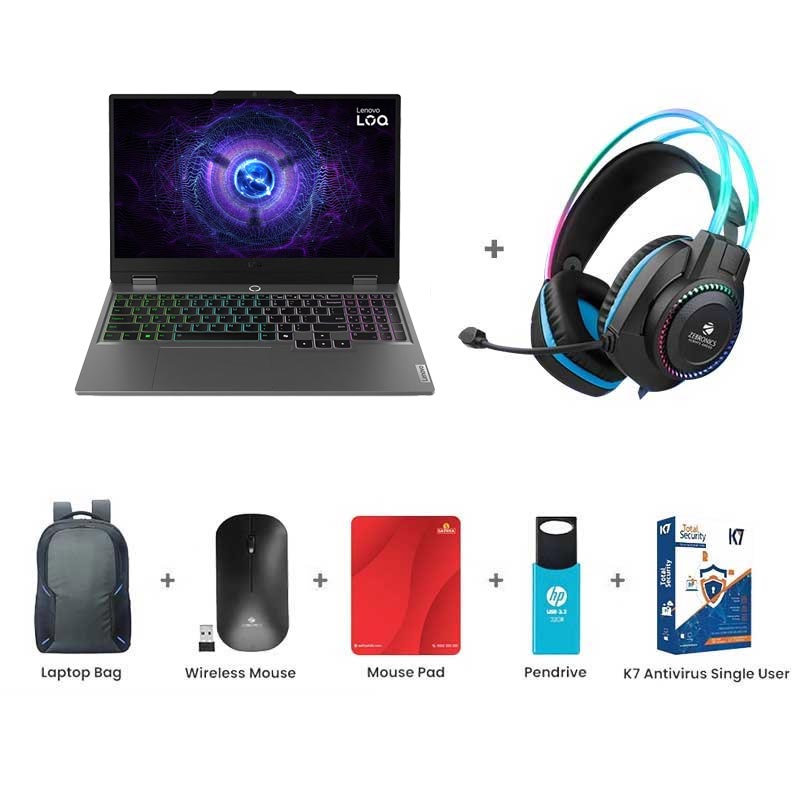 Picture of Lenovo LOQ - Intel Core i5-13450HX 15.6" (39.6cm) 83DV01A9IN Gaming Laptop (16GB/ 512GB SSD/ Full HD Display/ NVIDIA GeForce RTX 3050 6GB GDDR6/ Anti-Glare/ Backlit Keyboard/ Windows 11 Home/ Office Home 2024/ 1 Year Warranty/Luna Grey/ 2.38Kg)  Zebronics Zeb-Jet Premium Gaming Headphone + Laptop Bag + Wireless Mouse + Mouse Pad + Pendrive + K7 Antivirus Single User